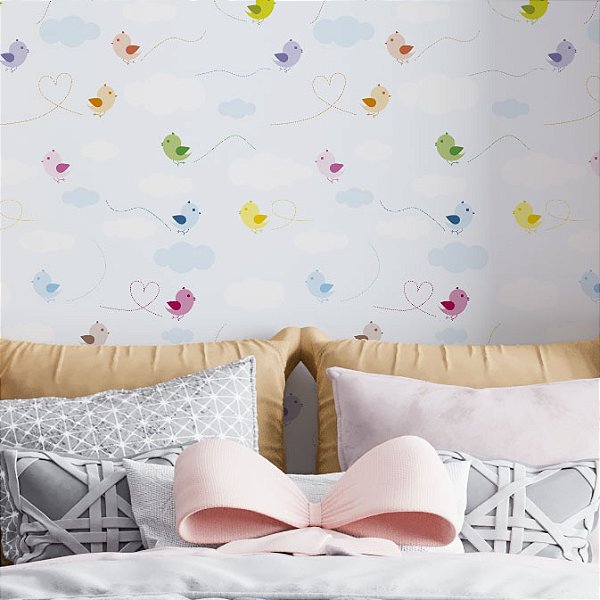 Papel de Parede Adesivo Vinil Sala Passarinhos Céu Nuvens