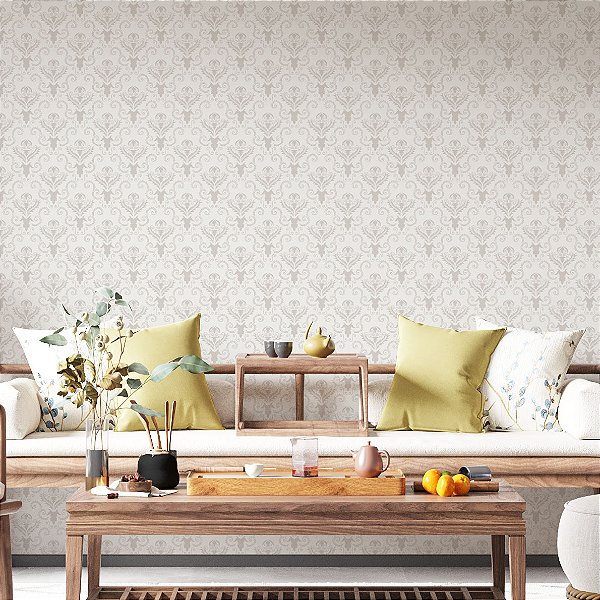Papel de Parede Adesivo Vinil Arabesco Provençal Cinza Claro Sala Quarto