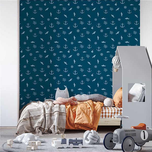 Papel de Parede Adesivo Vinil Marinheiro Azul Âncora Timão Peixe Quarto Infantil