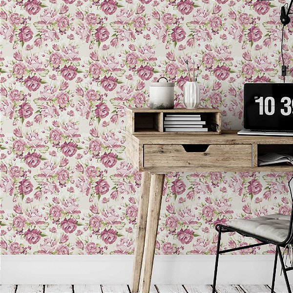 Papel de Parede Adesivo Vinil Rosa Floral Romântico Vintage Quarto Sala