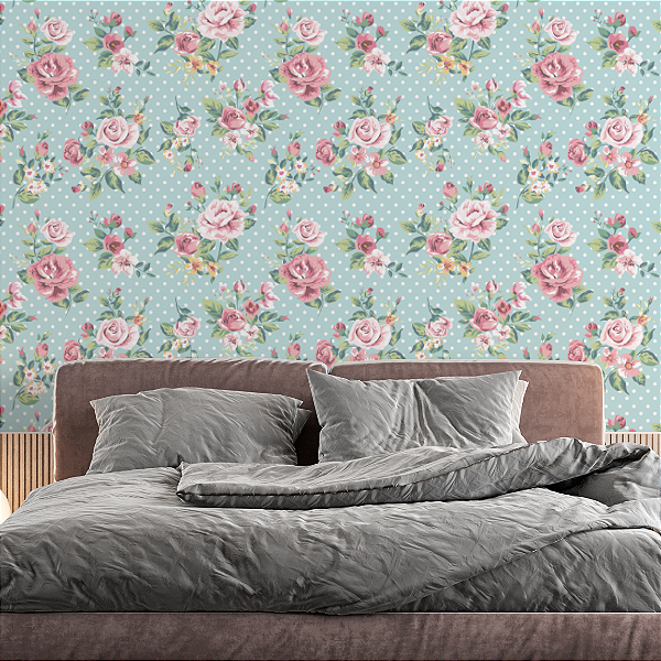 Papel de Parede Adesivo Vinil Rosa Floral Azul Bolinhas Vintage Sala Quarto