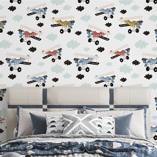 Papel de Parede Adesivo Vinil Aviões Coloridos Infantil Quarto Bebe