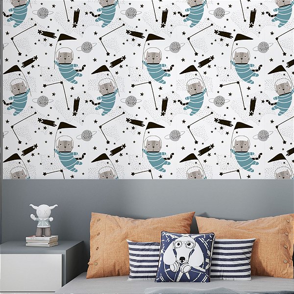Papel de Parede Adesivo Vinil Gatinhos Astronautas Fofo Quarto Infantil