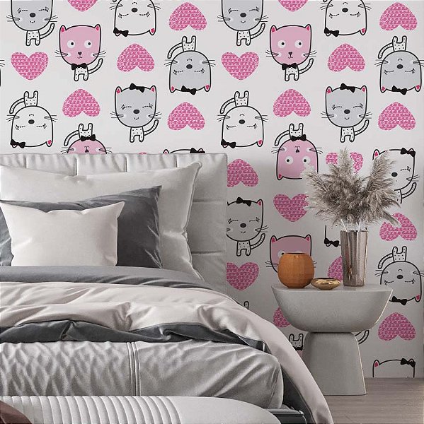 Papel de parede kawaii gatinhos rosa