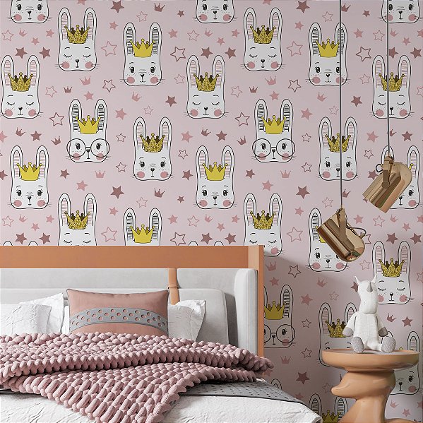 Papel de Parede Adesivo Vinil Princesa Coelho Coroa Rosa Quarto Menina