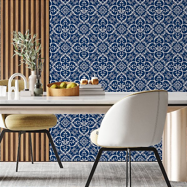 Papel de Parede Adesivo Vinil Arabesco Provençal Mandala Azul Branco Cozinha Quarto