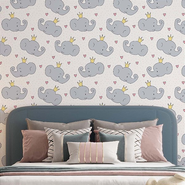 Papel de Parede Adesivo Vinil Bebê Elefante Principe Coração Quarto Infantil