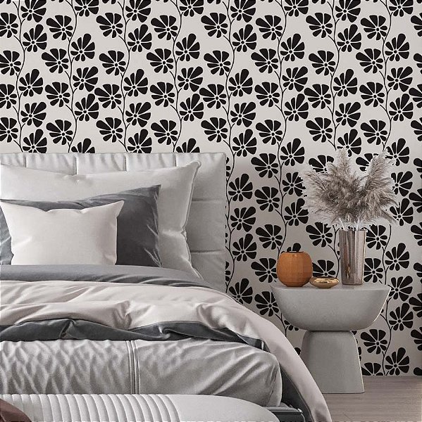 Papel de Parede Adesivo Vinil Ramos Flores Preto Provençal Vintage Sala Quarto