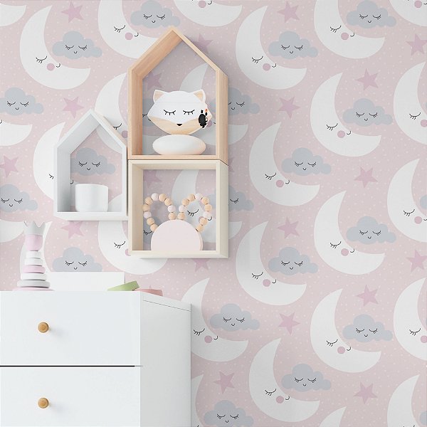 Papel de Parede Adesivo Vinil Lua Nuvem Estrelas Rosa Quarto Menina Infantil