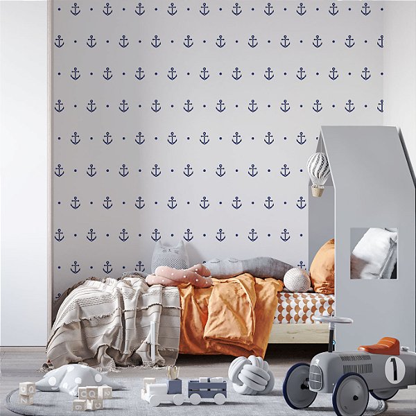 Papel de Parede Adesivo Vinil Âncora Marinho Azul Branco Vintage Quarto Menino