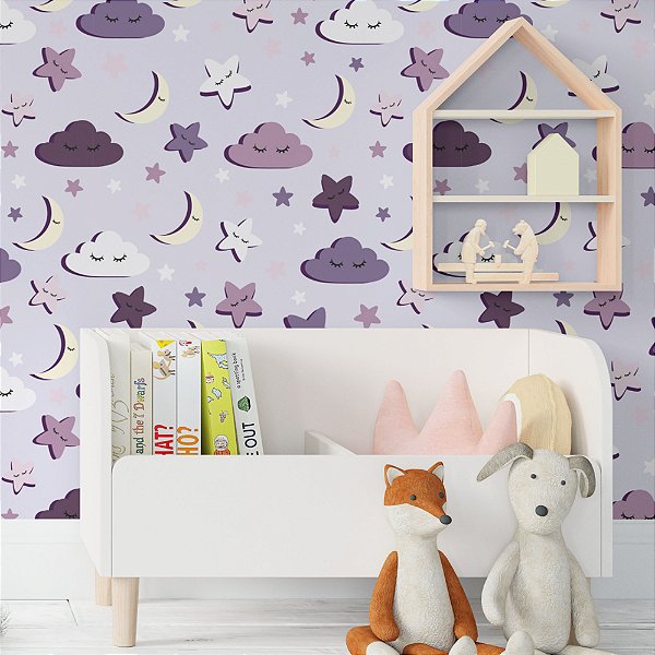 Papel de Parede Adesivo Vinil Nuvem Lua Estrela Roxo Quarto Infantil Meninas