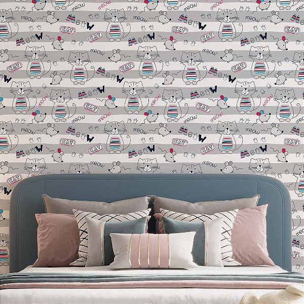Papel de Parede Adesivo Vinil Gato Listra Colorido Fofo Quarto Infantil