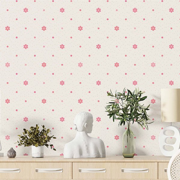 Papel de Parede Adesivo Vinil Floral Flores Rosa Bolinhas Fofo Vintage Sala Quarto Meninas