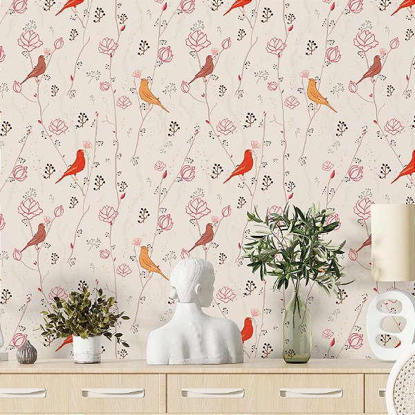 Papel de Parede Adesivo Vinil Passarinhos Flores Ramo Bege e Laranja Cozinha Sala