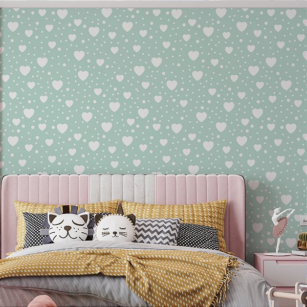 Papel de Parede Adesivo Vinil Coração Branco Verde Fofo Quarto Menina