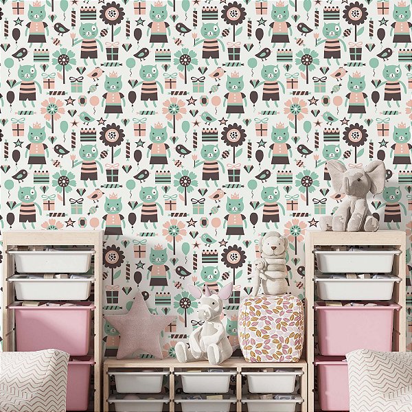 Papel de Parede Adesivo Vinil Gato Flor Passáro Verde Quarto Infantil