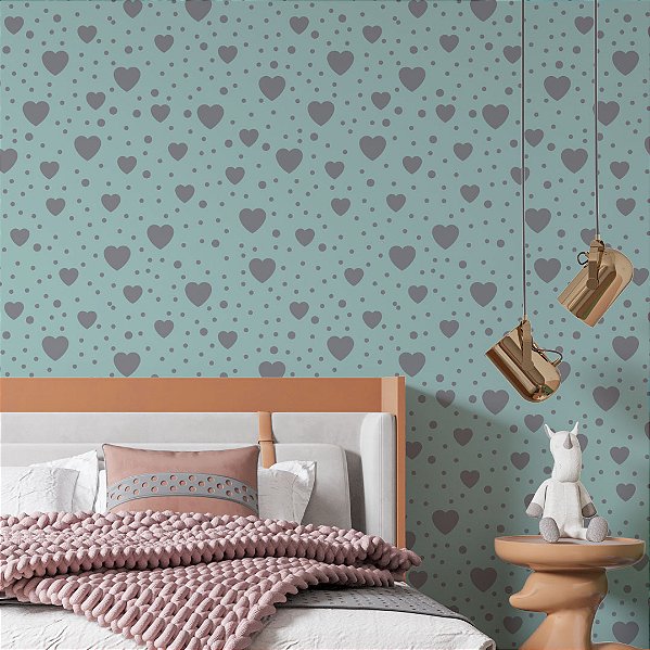 Papel de Parede Adesivo Vinil Corações Cinza Verde Quarto Meninas Infantil