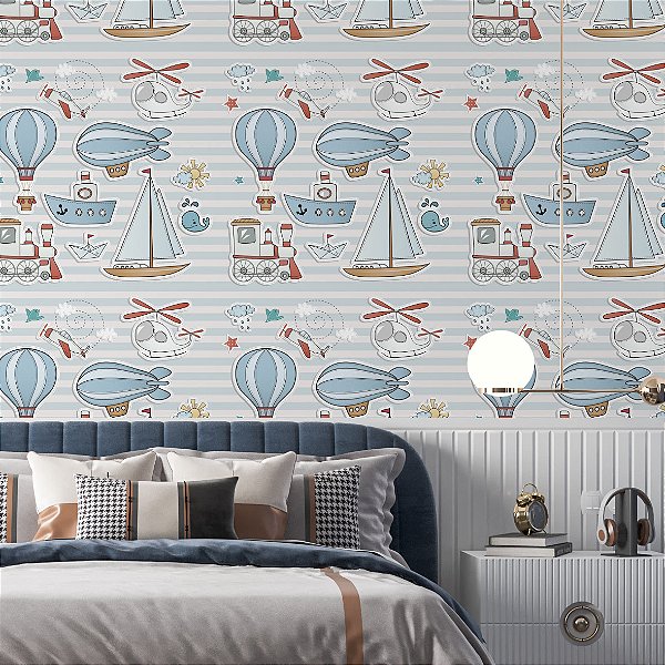 Papel de Parede Adesivo Vinil Balão Barco Listra Azul Quarto Infantil Bebe