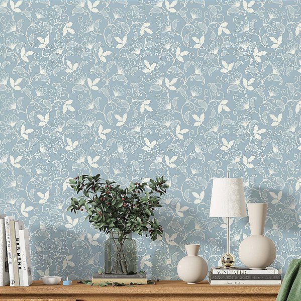 Papel de Parede Adesivo Vinil Provençal Arabesco Flores Azul Claro Quarto Sala Cozinha