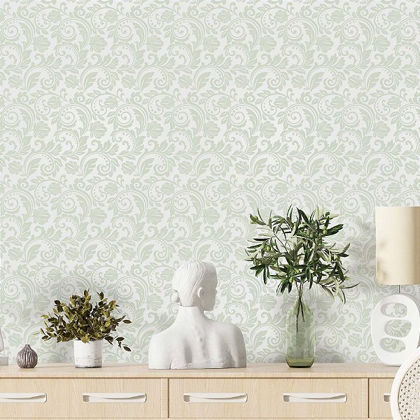 Papel de Parede Adesivo Vinil Flores Cinza e Verde Provençal Arabesco Cozinha Quarto Sala