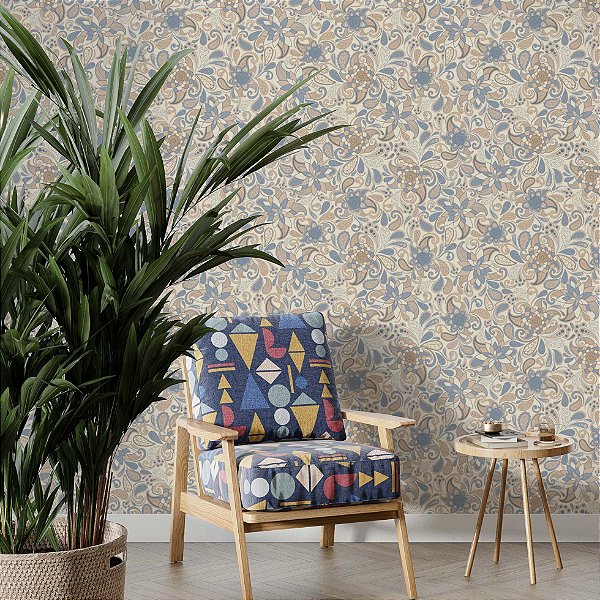 Papel de Parede Adesivo Vinil Flores Azul Marrom Cozinha Quarto Sala