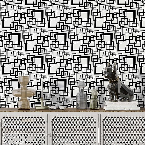 Papel de Parede Adesivo Vinil Abstrato Quadradros Preto Branco Sala Banheiro