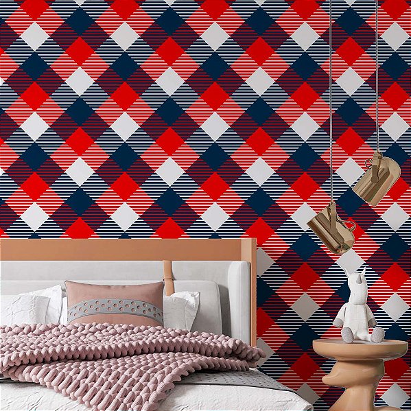 Papel de Parede Adesivo Vinil Xadrez Vermelho E Azul Quarto Menino