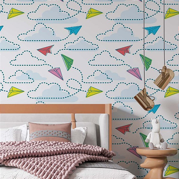 Papel de Parede Adesivo Vinil Nuvens Avião Papel Quarto Infantil Bebe