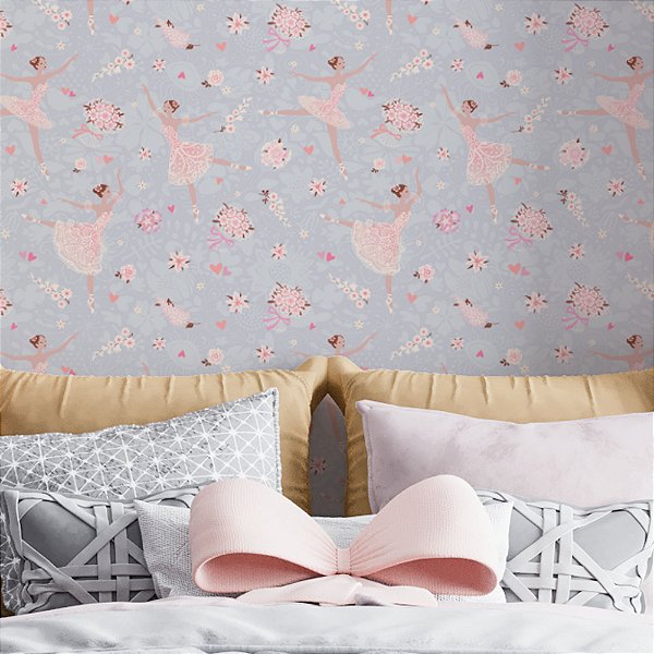 Papel de Parede Adesivo Vinil Bailarina Balé Floral Vintage Quarto Menina