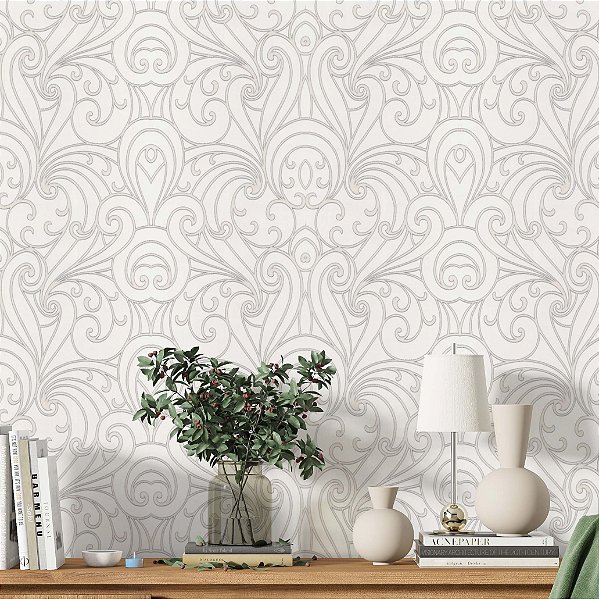 Papel de Parede Adesivo Vinil Arabesco Provençal Flor Cinza Quarto Sala