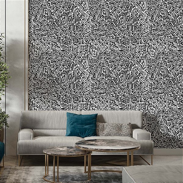 Papel de Parede Adesivo Vinil Preto Abstrato Linhas Quarto Cozinha