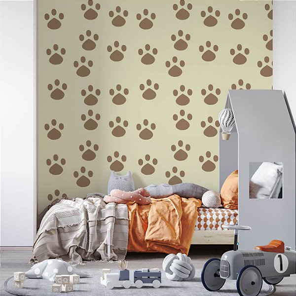 Papel de Parede Adesivo Vinil Patinha Cachorro Marrom Amarelo Petshop Quarto Infantil
