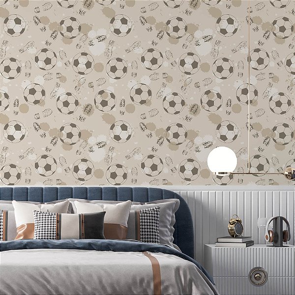 Papel de Parede Adesivo Vinil Futebol Bolas Bege Vintage Quarto Infantil