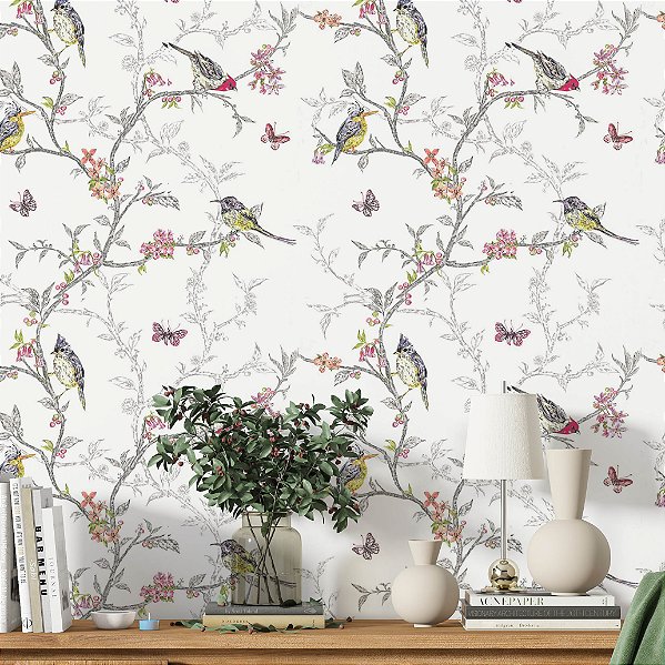 Papel de Parede Adesivo Vinil Passáro Flor Realismo Vintage Cozinha Sala