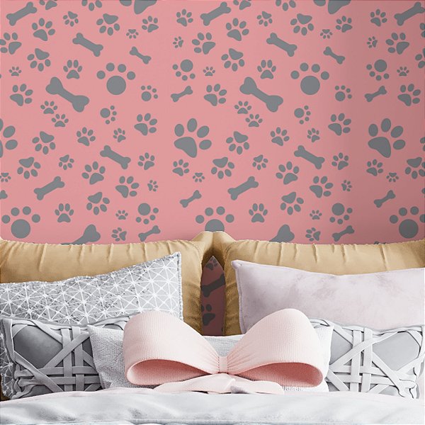 Papel de Parede Adesivo Vinil Patas Cachorro Osso Rosa Quarto Menina Petshop
