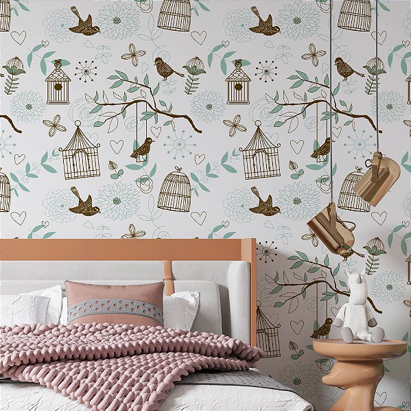 Papel de Parede Adesivo Vinil Gaiola Passaro Folhas Verde e Marrom Cozinha Sala Quarto