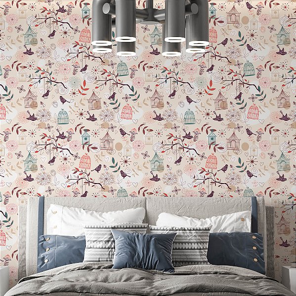 Papel de Parede Adesivo Vinil Passarinhos Rosa Ramos Vintage Quarto Sala Cozinha