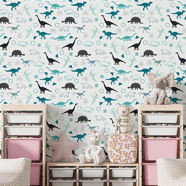 Papel de Parede Adesivo Vinil Dinoussauro Dino Azul Quarto Infantil