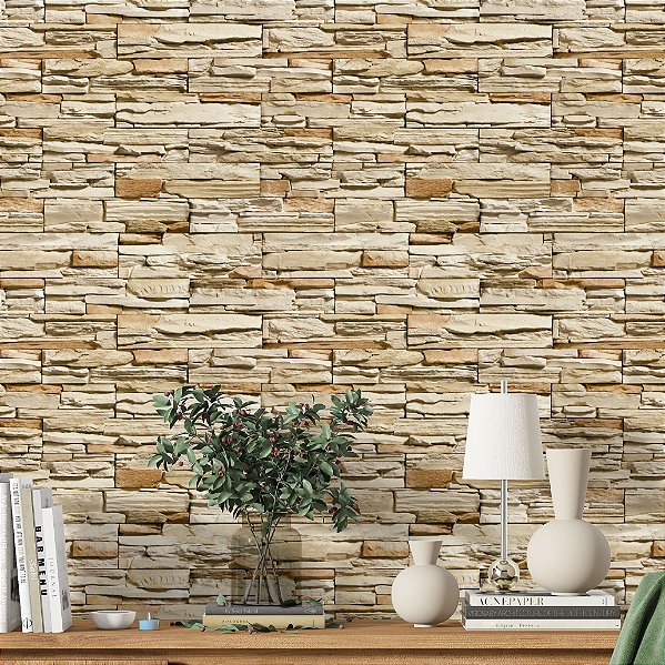 Papel de Parede Adesivo Vinil Pedras Canjiquinha Efeito 3D Laranja Cozinha Sala Quarto