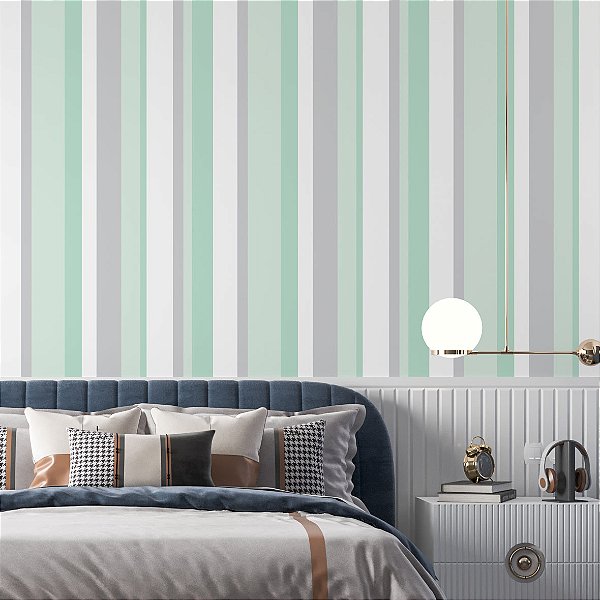 Papel de Parede Adesivo Vinil Listra Tons de Verde e Cinza Quarto Infantil Sala