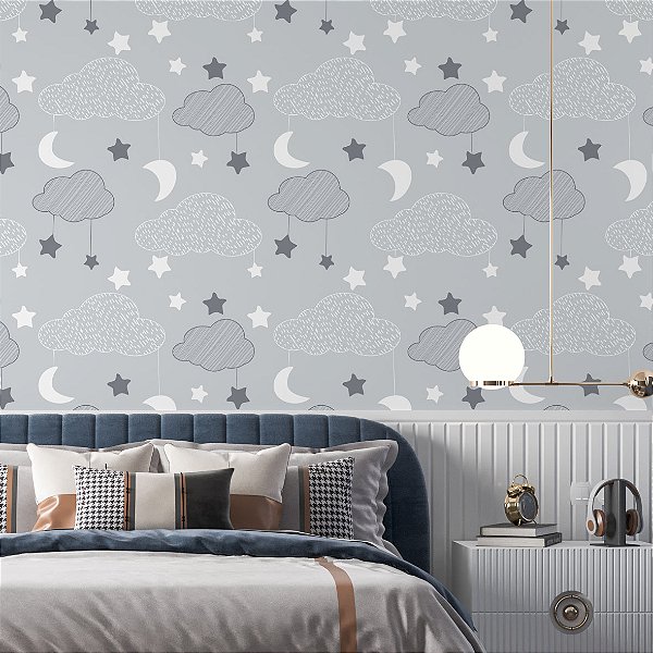 Papel de Parede Adesivo Vinil Lavável Nuvem Estrelas Lua Cinza Quarto Bebe