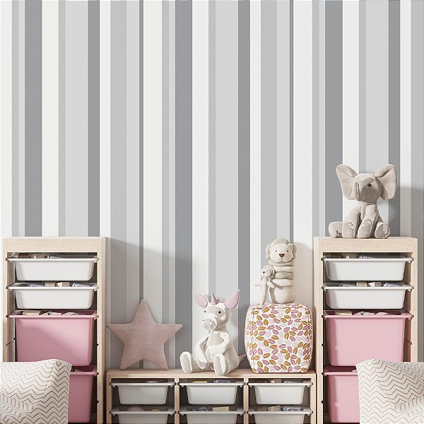 Papel de Parede Adesivo Vinil Tons de Cinza Listras Quarto Infantil Sala