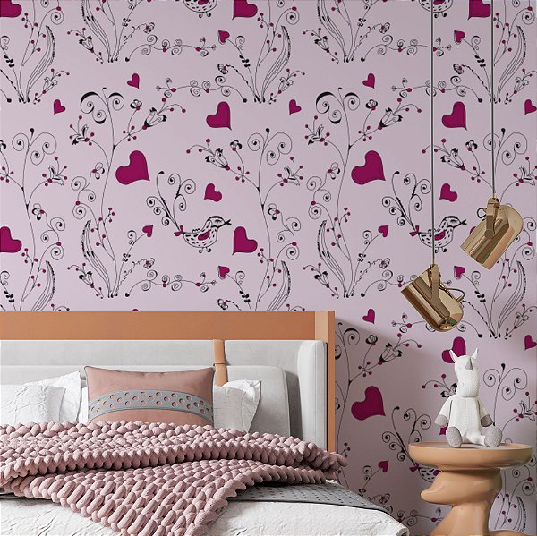 Papel de Parede Adesivo Vinil Rosa Corações Amor Quarto Infantil Meninas