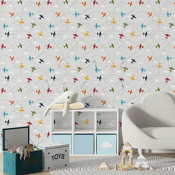 Papel de Parede Adesivo Vinil Aviões Colorido Nuvem Quarto Infantil
