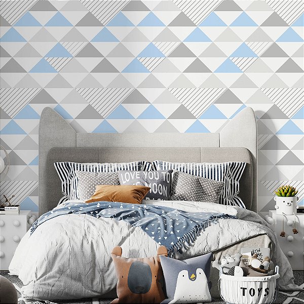 Papel de Parede Adesivo Vinil Triangulos Azul Cinza Listras Quarto Bebe Infantil