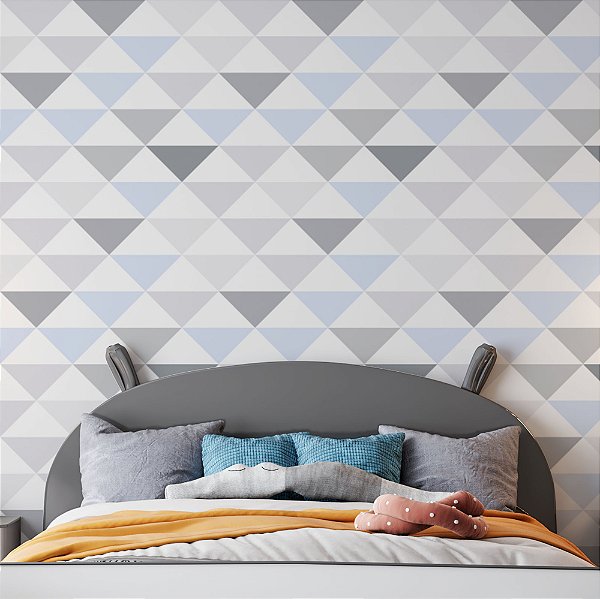 Papel de Parede Adesivo Vinil Triângulos Cinza Azul Moderno Quarto Infantil Sala