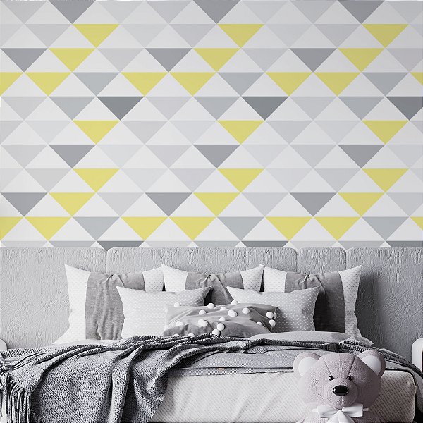 Papel de Parede Adesivo Vinil Triângulo Amarelo Cinza Moderno Sala