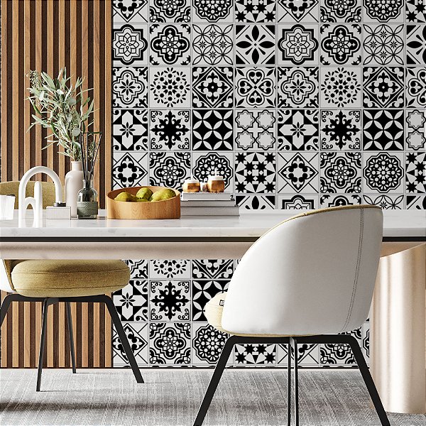 Papel de Parede Adesivo Vinil Azulejo Português Preto e Branco Cozinha  Lavabo - Deliquadros