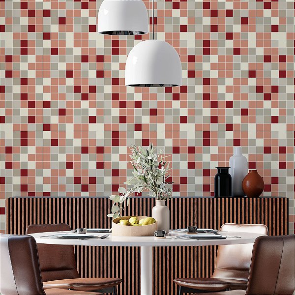 Papel de Parede Adesivo Vinil Pastilha Bege Vermelho Salmão Cozinha Lavabo