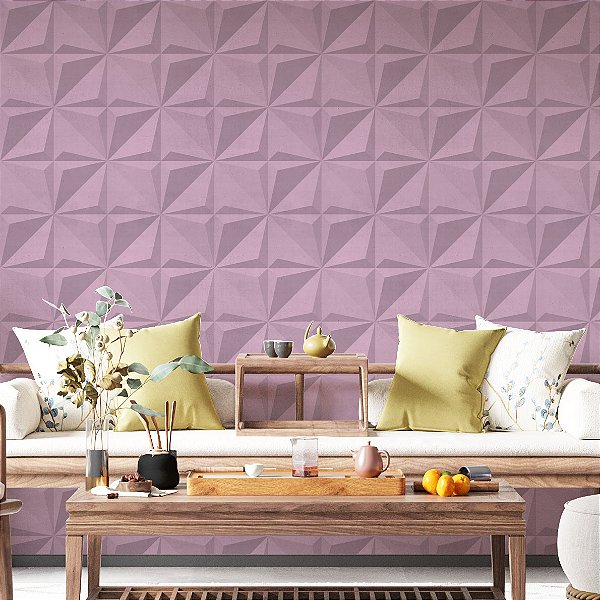 Papel de Parede Adesivo Vinil Geométrico Rosa 3D Efeito Gesso Sala Quarto